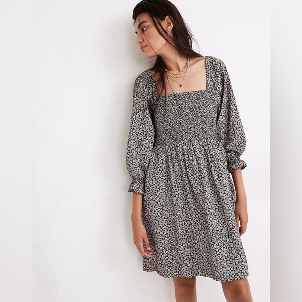 Madewell Lucie Elbow-Sleeve Smocked Mini Dress in Parisian Ditsy size M